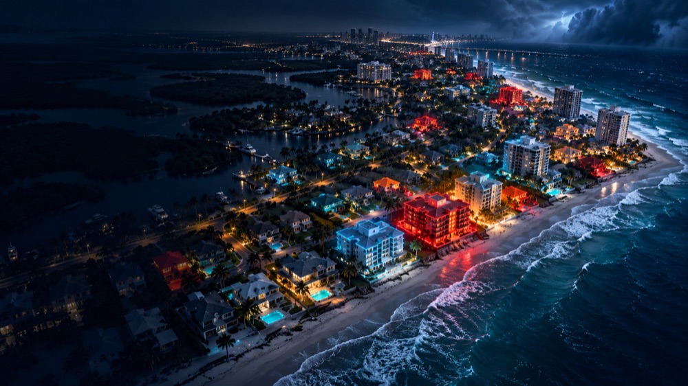 Coastal property at night under an approaching storm, with risk-coded building lights