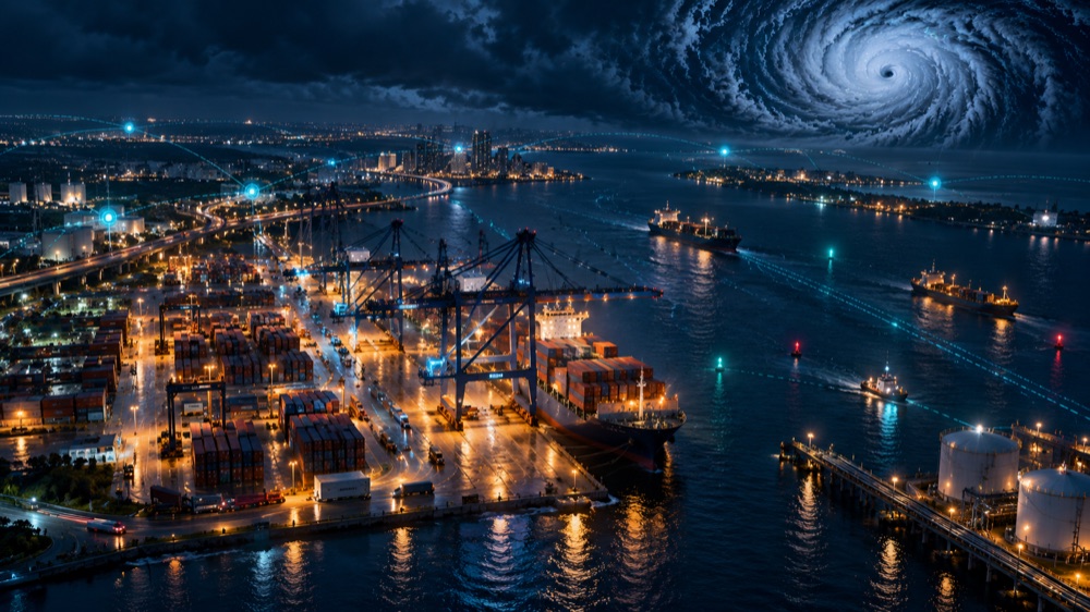 Container port with cranes and a cargo ship under a storm sky