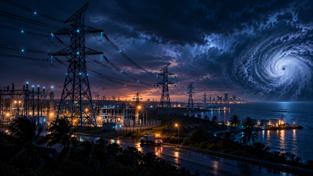 Power transmission towers at night with a hurricane in the sky