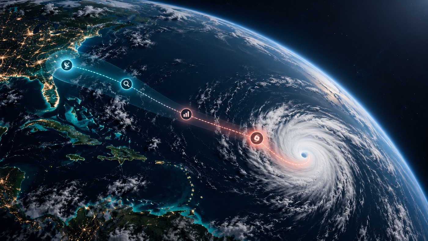 Earth from space with a glowing trajectory running from early detection out to an approaching hurricane