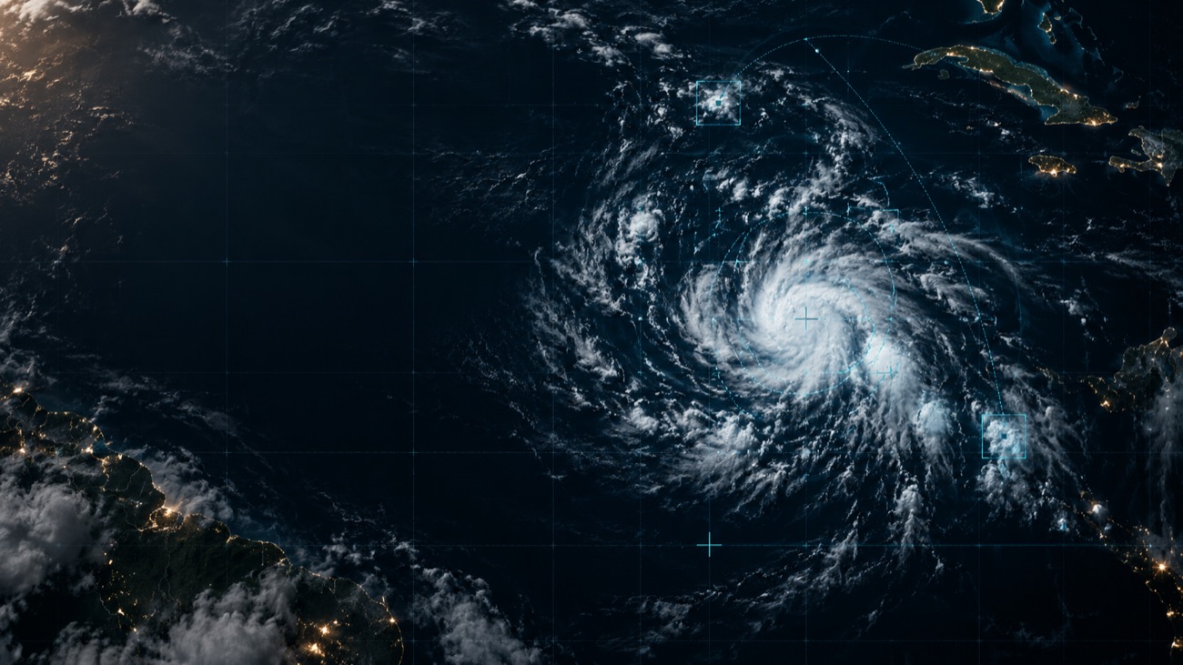 Satellite view of a hurricane over the Atlantic with a lifecycle tracking overlay