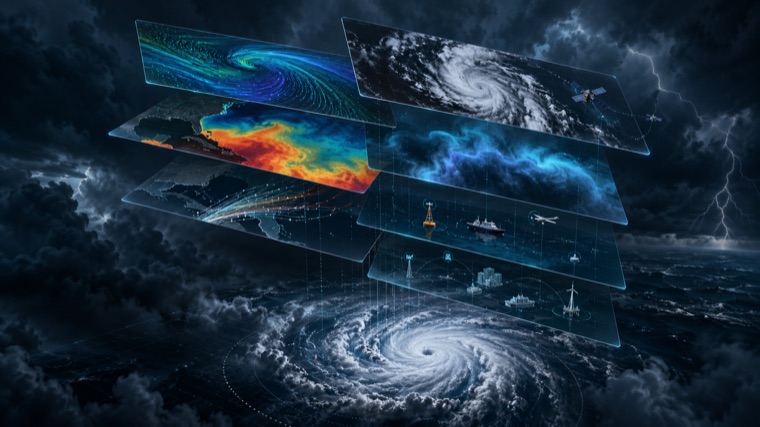 Separate layers of wind, sea-surface heat, and track data floating above a storm