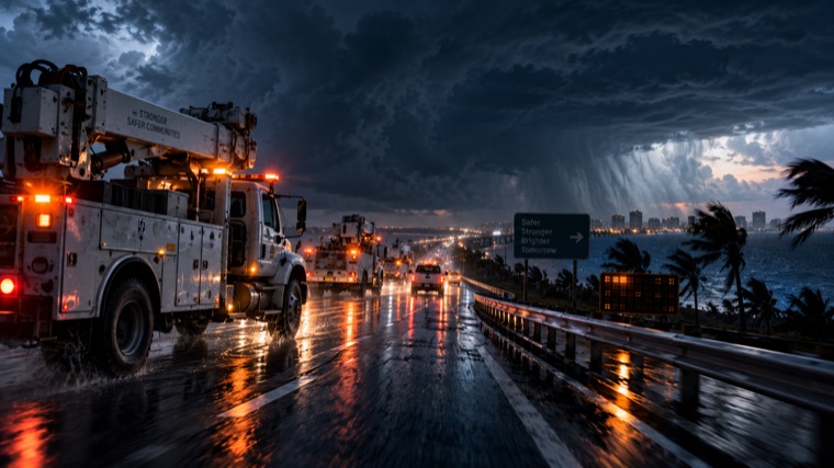 Utility crews and trucks staging on a causeway as a storm approaches